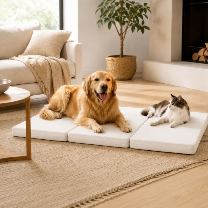 Futon Comfy aperto sul pavimento con cane e gatto sopra, perfetto come materassino ospiti o pet bed