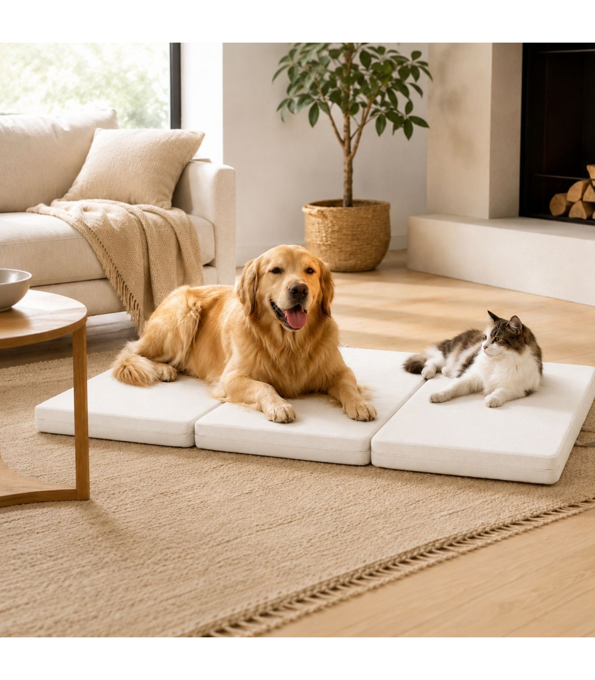 Futon Comfy aperto sul pavimento con cane e gatto sopra, perfetto come materassino ospiti o pet bed