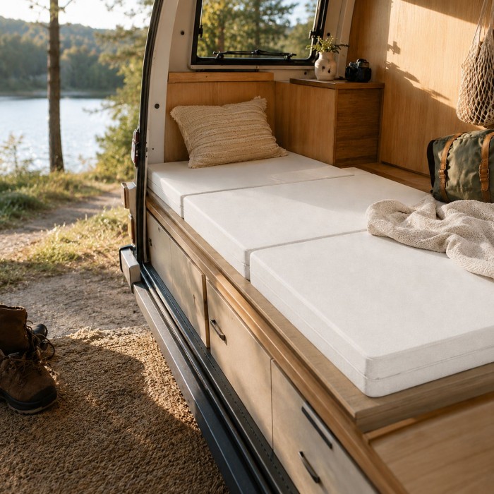 camping	Futon Comfy 10 cm posizionato nel vano letto di un van allestito per il camping, vista lago