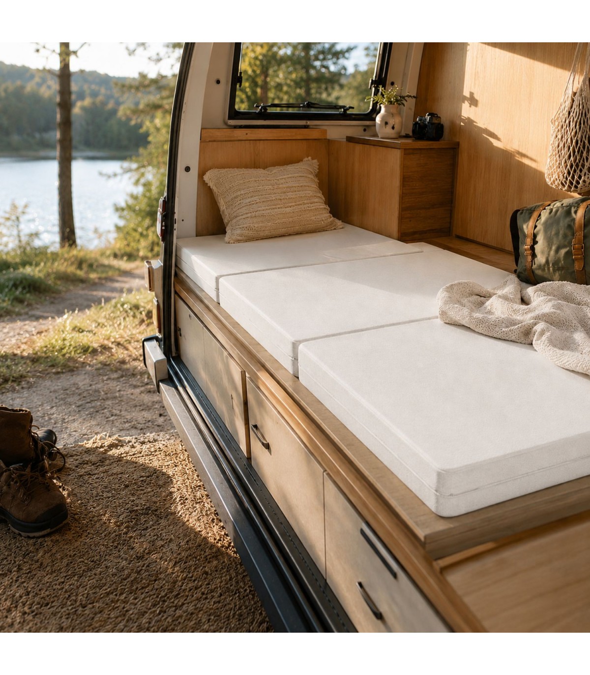 camping	Futon Comfy 10 cm posizionato nel vano letto di un van allestito per il camping, vista lago
