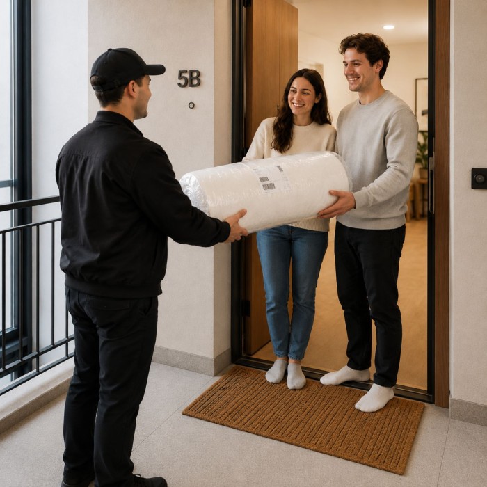 Coppia che riceve il Futon Comfy arrotolato in roll: consegna rapida a domicilio in tutta Italia