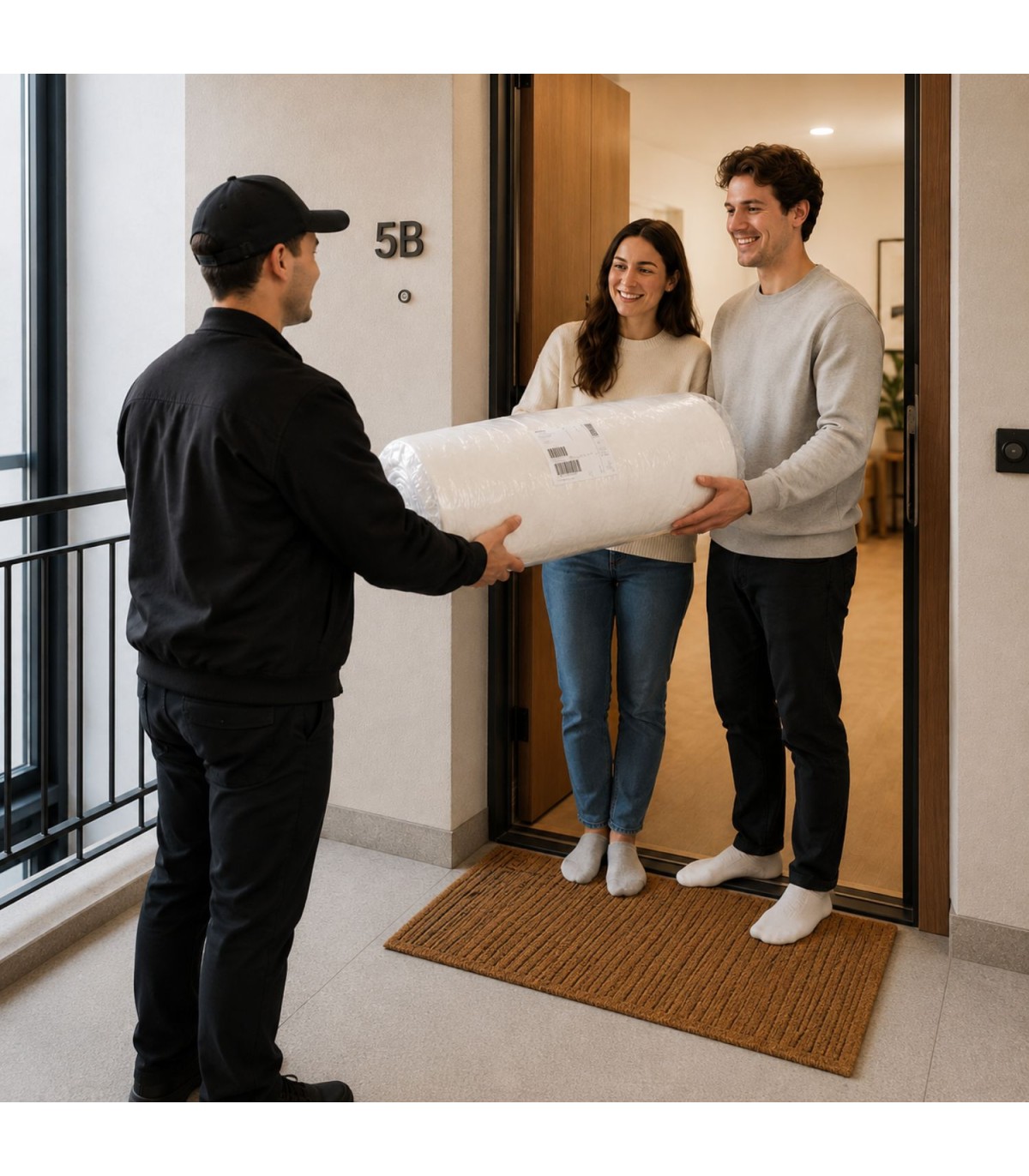 Coppia che riceve il Futon Comfy arrotolato in roll: consegna rapida a domicilio in tutta Italia
